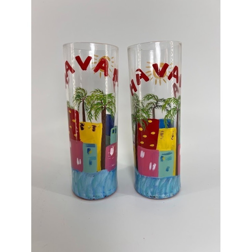 Set of 2 Lolita "MOJITO" Hand Painted "Havana Cuba" Themed Tall Glass